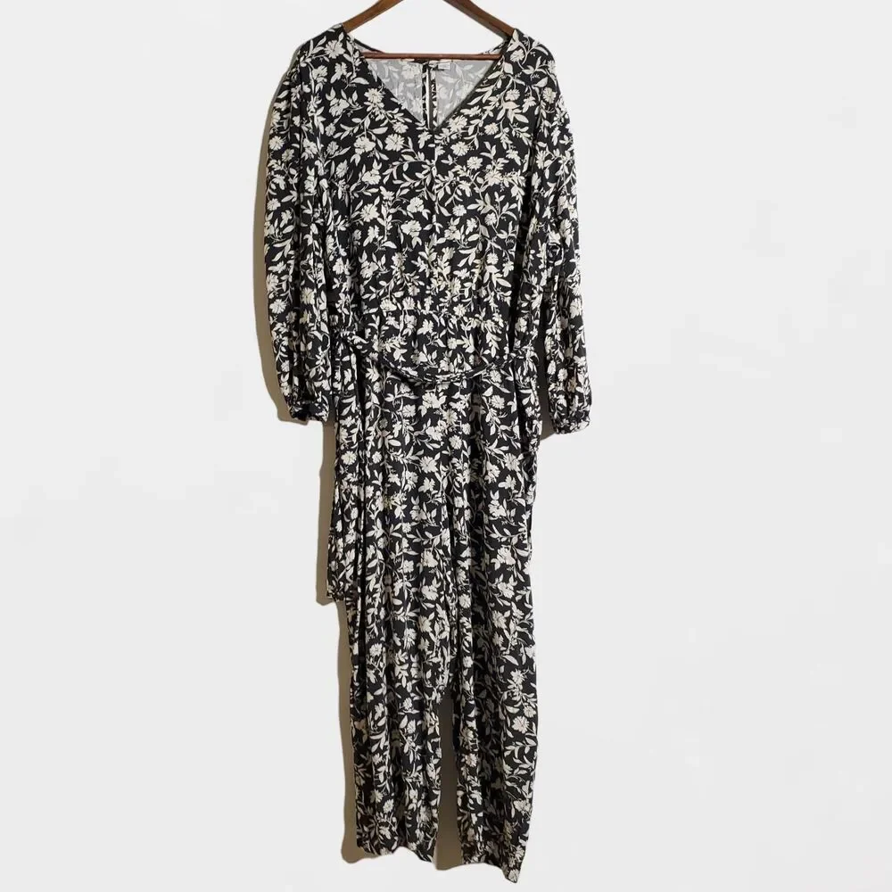 Old Navy Jumpsuit Size XXL 2XL Floral Hibiscus Belted Long Sleeve Womens